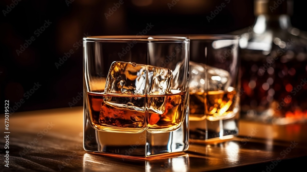 two glasses filled with whiskey on top of a bar table - obrazy, fototapety, plakaty 