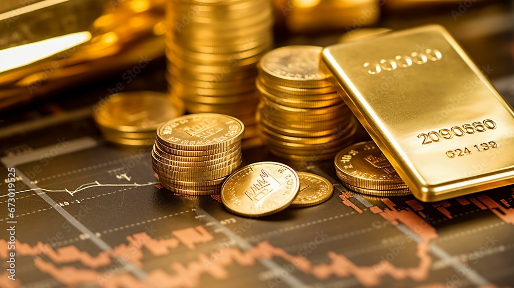 gold bullishing over stacks of money on a financial chart