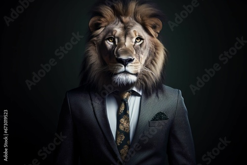 a lion wearing a formal black suit and tie standing against a dark background