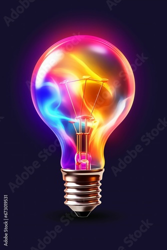 Illuminated multicolored light bulb set against a dark background. AI-generated.