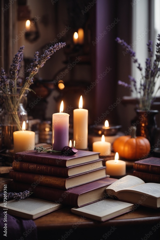 Set of various aromatherapy candles in brown glass bottles with lavender flowers. Aromatherapy and relaxation in spa and at home, still life concept. Set of various aromatherapy candles in brown glass bottles with lavender flowers. Aromatherapy and relaxation in spa and at home, still life concept.