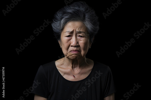 Disgusted mature grey-haired Asian woman portrait on black background. Neural network generated photorealistic image. Not based on any actual person or scene. photo