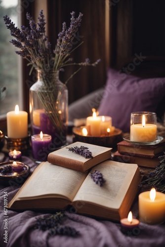 Set of various aromatherapy candles in brown glass bottles with lavender flowers. Aromatherapy and relaxation in spa and at home, still life concept.