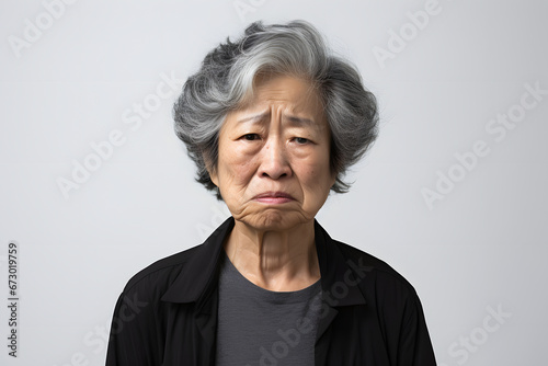 Disgusted mature grey-haired Asian woman portrait on grey background. Neural network generated photorealistic image. Not based on any actual person or scene. photo