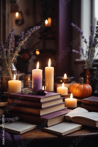 Set of various aromatherapy candles in brown glass bottles with lavender flowers. Aromatherapy and relaxation in spa and at home, still life concept.