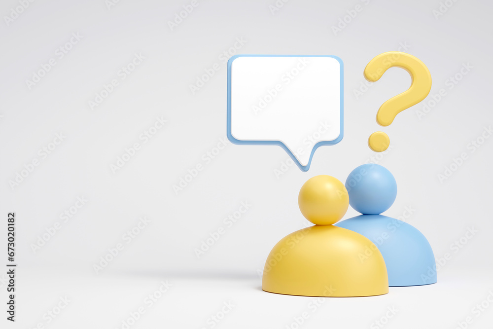 Doll with a question mark and speech bubble on white background. Concept of customer ask for information and communication conversation between people or debate, argument, and counseling Doll with a question mark and speech bubble on white background. Concept of customer ask for information and communication conversation between people or debate, argument, and counseling