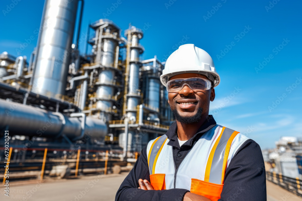 A portrait of smiling African American male engineer at an oil refinery A portrait of smiling African American male engineer at an oil refinery