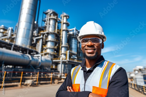 A portrait of smiling African American male engineer at an oil refinery