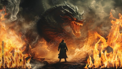 Man standing confidently in front of a large, fire-breathing dragon, AI-generated.