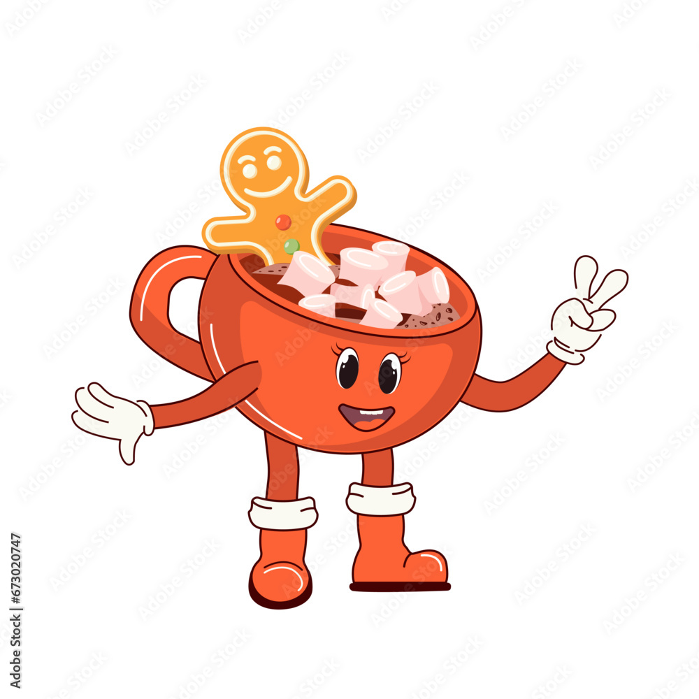 Obraz premium Christmas mug with hot cocoa and marshmallows. Retro character in cartoon fashionable groovy style. The atmosphere is from the 60s and 70s. Merry Christmas and Happy New Year.
