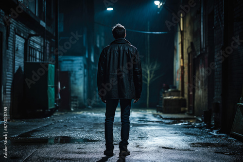 View from behind of a man standing in a dark alley at night. Concept of fear, suspense, thriller, and horror and suicide