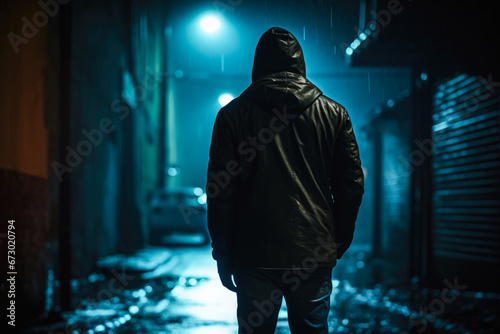 View from behind of a man standing in a dark alley at night. Concept of fear, suspense, thriller, and horror and suicide © MVProductions