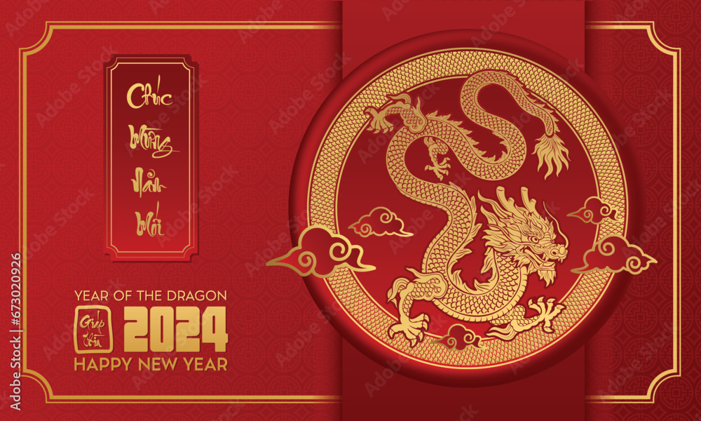 2024 Vietnamese new year, year of the dragon. Set of Vietnamese new