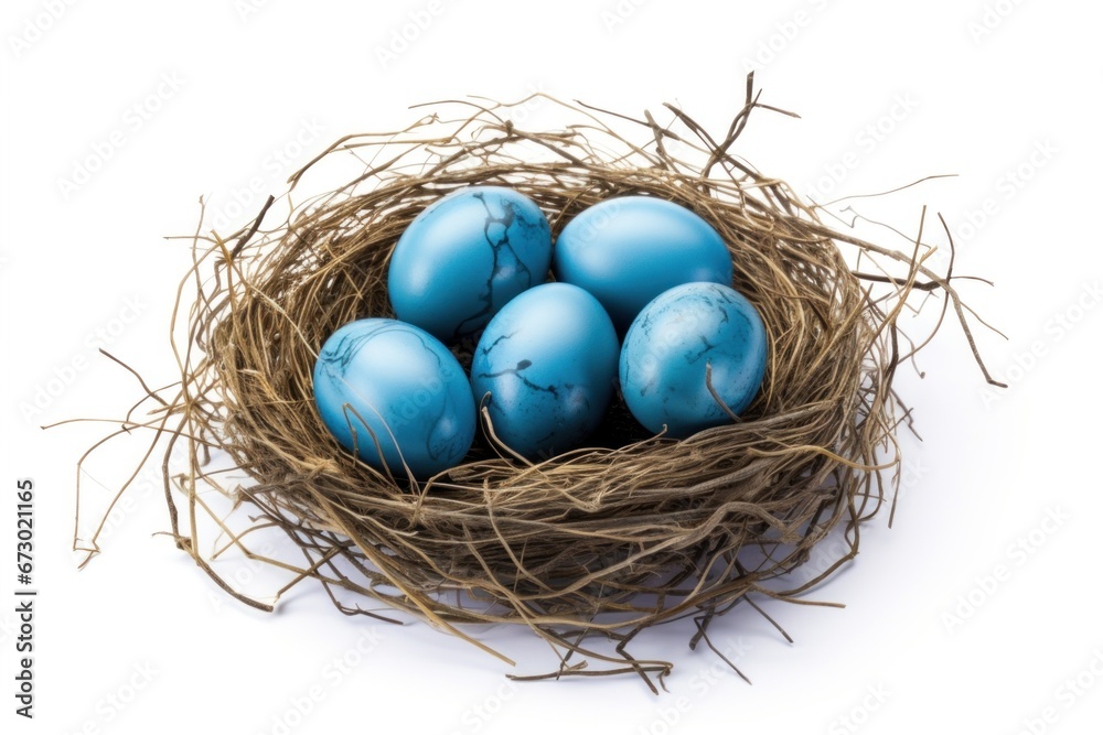 Nest with blue eggs isolated on white background