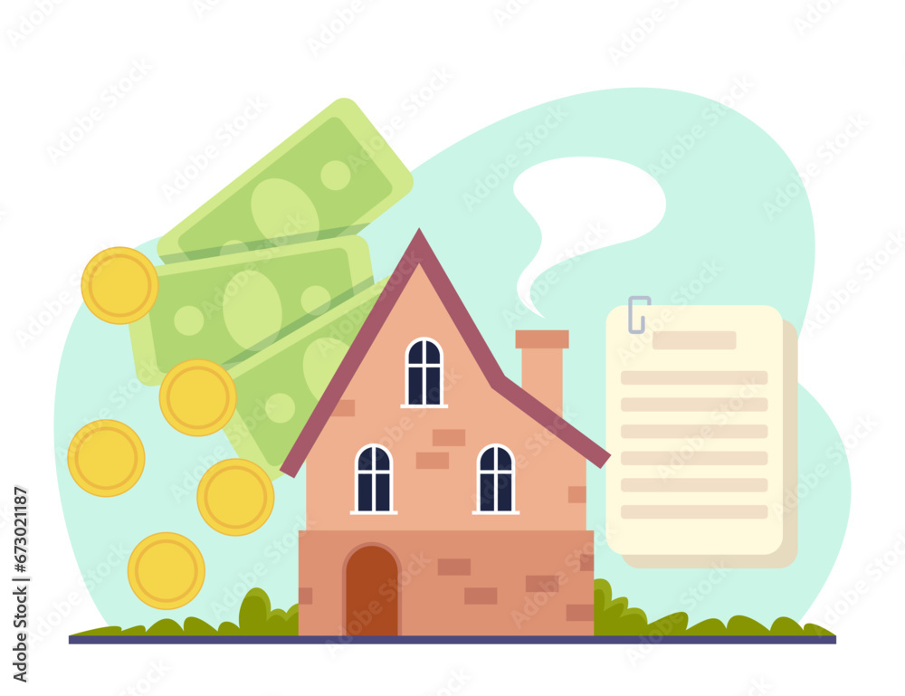 House, money and residential contract for sale and purchase vector illustration. Profitable investment in property. Real estate concept