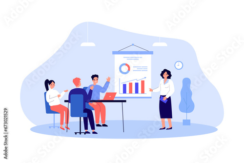 HR specialist giving presentation to employees vector illustration. Female coach trying to increase level of enthusiasm to work among people sitting at table. Employee engagement concept