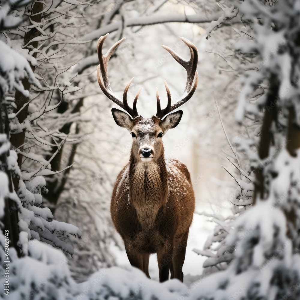 AI generated illustration of a deer standing in a forest in snow AI generated illustration of a deer standing in a forest in snow