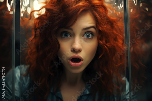 portrait of surprised woman looking in mirror