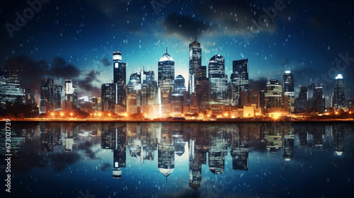 Night view of modern cityscape with reflection in water. 