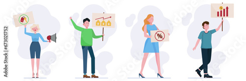 Angry people with placards protesting over high housing prices, rents and mortgage costs. Flat vector illustration. Rising prices, housing crisis, real estate concept