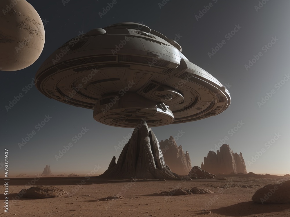 A spaceship landing on an alien planet with accent lighting and dust A spaceship landing on an alien planet with accent lighting and dust