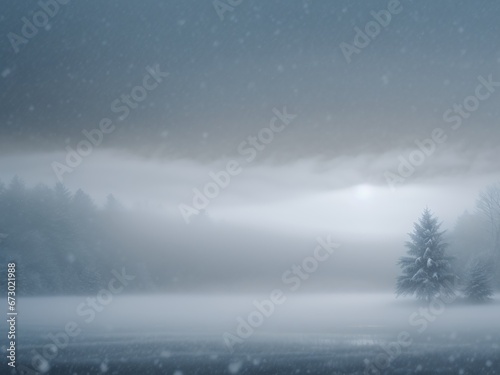 A winter landscape with volumetric fog and snowflakes
