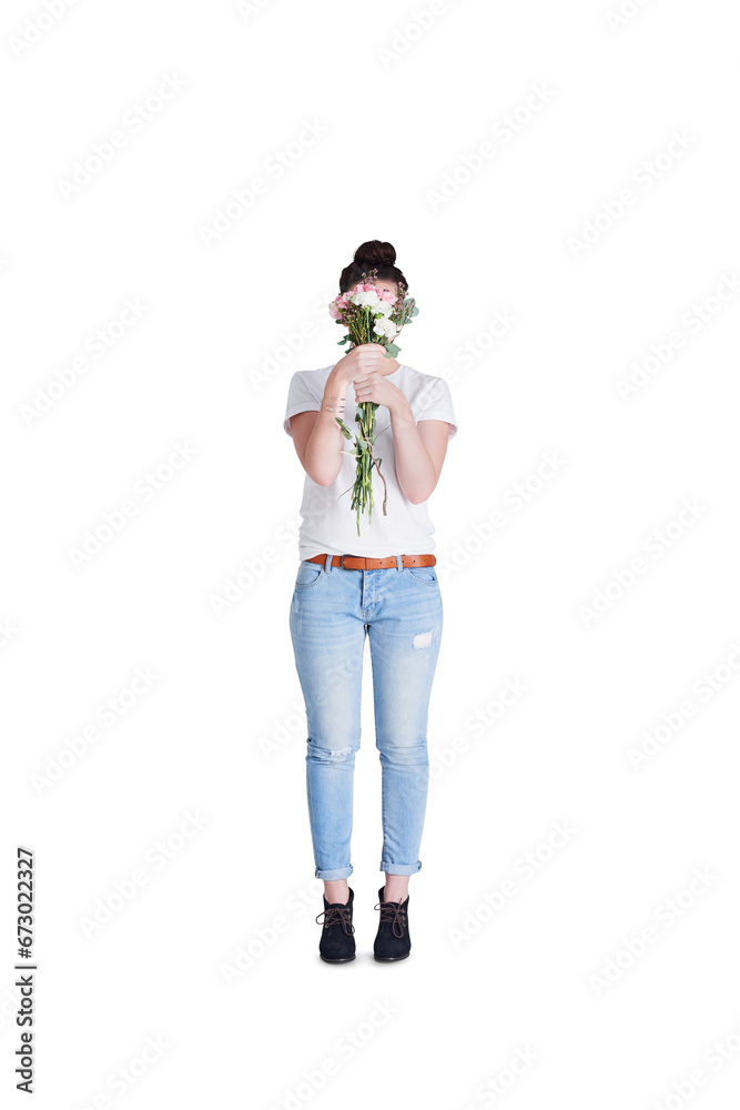 Woman hiding face with gift of flowers, isolated and transparent png background. Person cover with organic floral bouquet, natural plant or florist girl smell present on womens day, holiday or event Woman hiding face with gift of flowers, isolated and transparent png background. Person cover with organic floral bouquet, natural plant or florist girl smell present on womens day, holiday or event