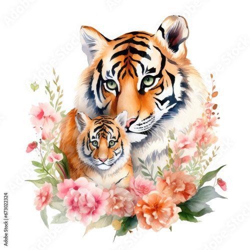 Cute mother tiger with baby with flowers Illustration, Generative Ai