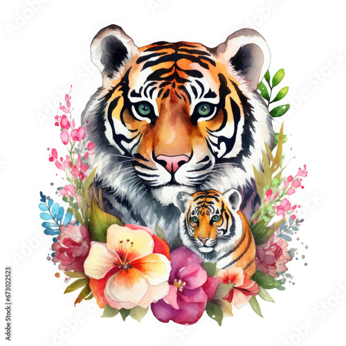 Cute mother tiger with baby with flowers Illustration  Generative Ai