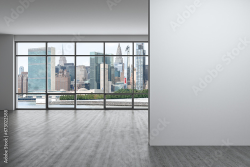 Midtown New York City Manhattan Skyline Buildings Window Background. Real estate Empty room Interior white mockup wall. Skyscrapers View Cityscape. East Side United Nations Headquarters. 3d rendering
