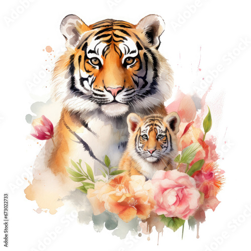 Cute mother tiger with baby with flowers Illustration  Generative Ai