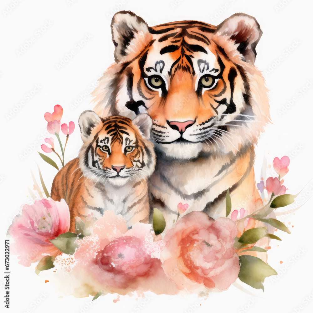 Cute mother tiger with baby with flowers Illustration, Generative Ai Cute mother tiger with baby with flowers Illustration, Generative Ai