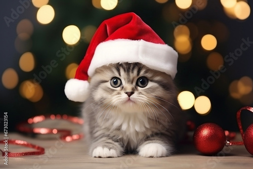 Cute kitten wearing a santa hat, on a Christmas background, bokeh in the background
