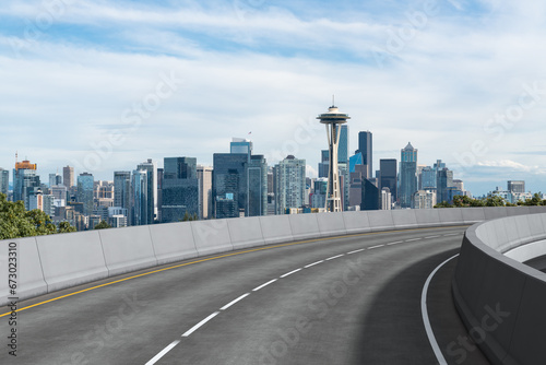 Empty urban asphalt road exterior with city buildings background. New modern highway concrete construction. Concept way to success. Transportation logistic industry fast delivery. Seattle. USA. © VideoFlow