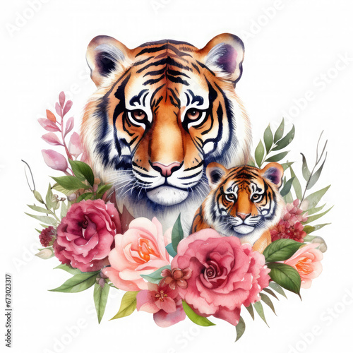 Cute mother tiger with baby with flowers Illustration  Generative Ai