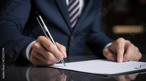 Elegant Businessman Signs on a Document, Granting Approval to a Project's Proposal