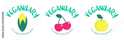 Veganuary logo on isolated background. Cherries, apple, corn in flat style. Try vegan this January. Vector art