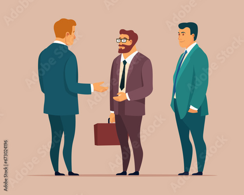 Three business people in suits discussing work. Man in glasses with attache case and his assistant having negotiation with partner. Vector illustration in cartoon style. Partnership concept