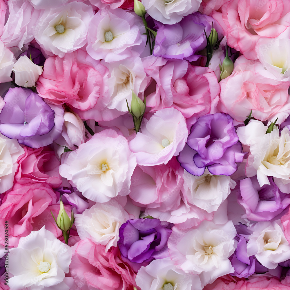 delicate eustoma as a background, white, lilac and pink flowers. floral backdrop.
