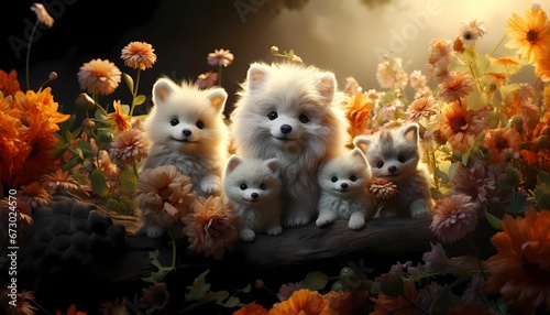 Stampa su tela AI generated illustration of a group of white fluffy dogs in a lush meadow with