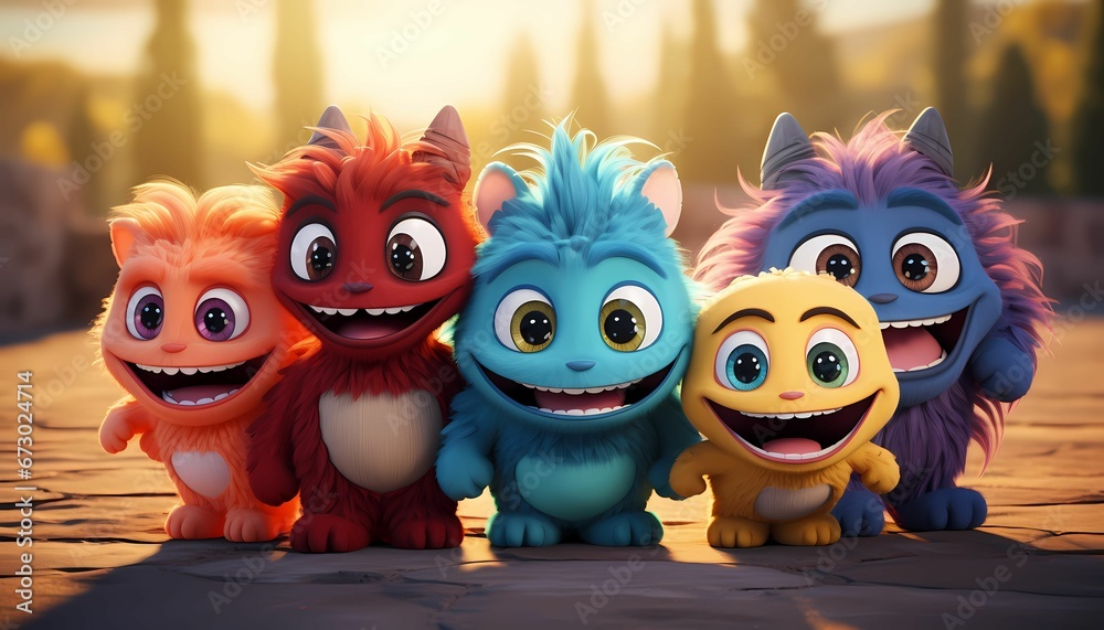 AI generated illustration of five colorful small cartoon monsters on a wooden surface AI generated illustration of five colorful small cartoon monsters on a wooden surface