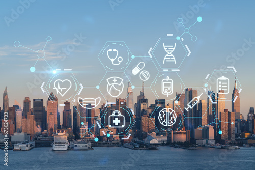 New York City skyline from New Jersey over Hudson River, Midtown Manhattan skyscrapers at sunset, USA. Health care digital medicine hologram. The concept of treatment and disease prevention