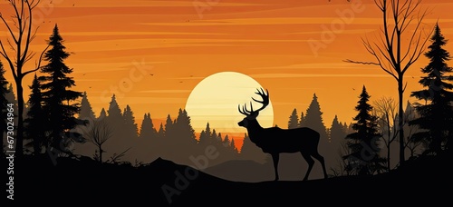 silhouette of animals, deer and trees Generative AI