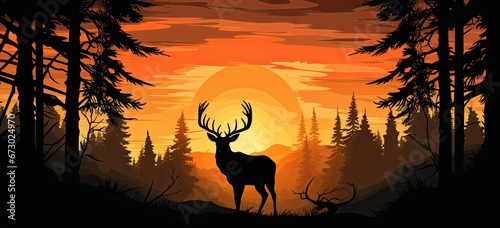 deer silhouette under the sunset surrounded by woods Generative AI © SKIMP Art