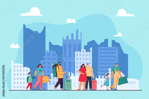 People with suitcases looking for places for migration. Flat vector illustration. Big cities on background. Migration crisis, increased migration, tourism concept photo