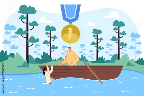 Man in boat saving drowning woman vector illustration. Golden Nobel prize award for life-saving mission. Alternative Nobel prize and migration crisis concept