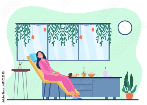 Woman lying in massage couch in spa and wellness center. Flat vector illustration. Detox, relax, wellness retreat concept
