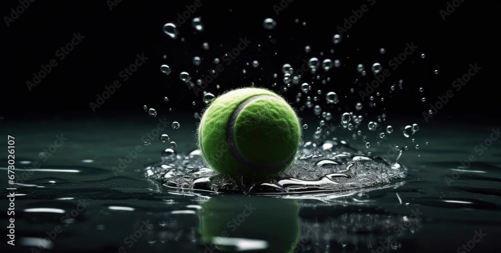 AI generated illustration of a tennis ball in waterdrops, on a dark background