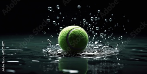 AI generated illustration of a tennis ball in waterdrops, on a dark background © Wirestock