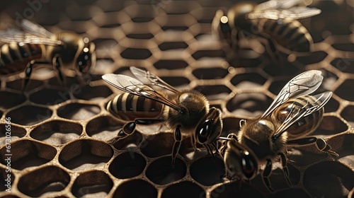 AI generated illustration of a beehive with several bees resting on a honeycomb